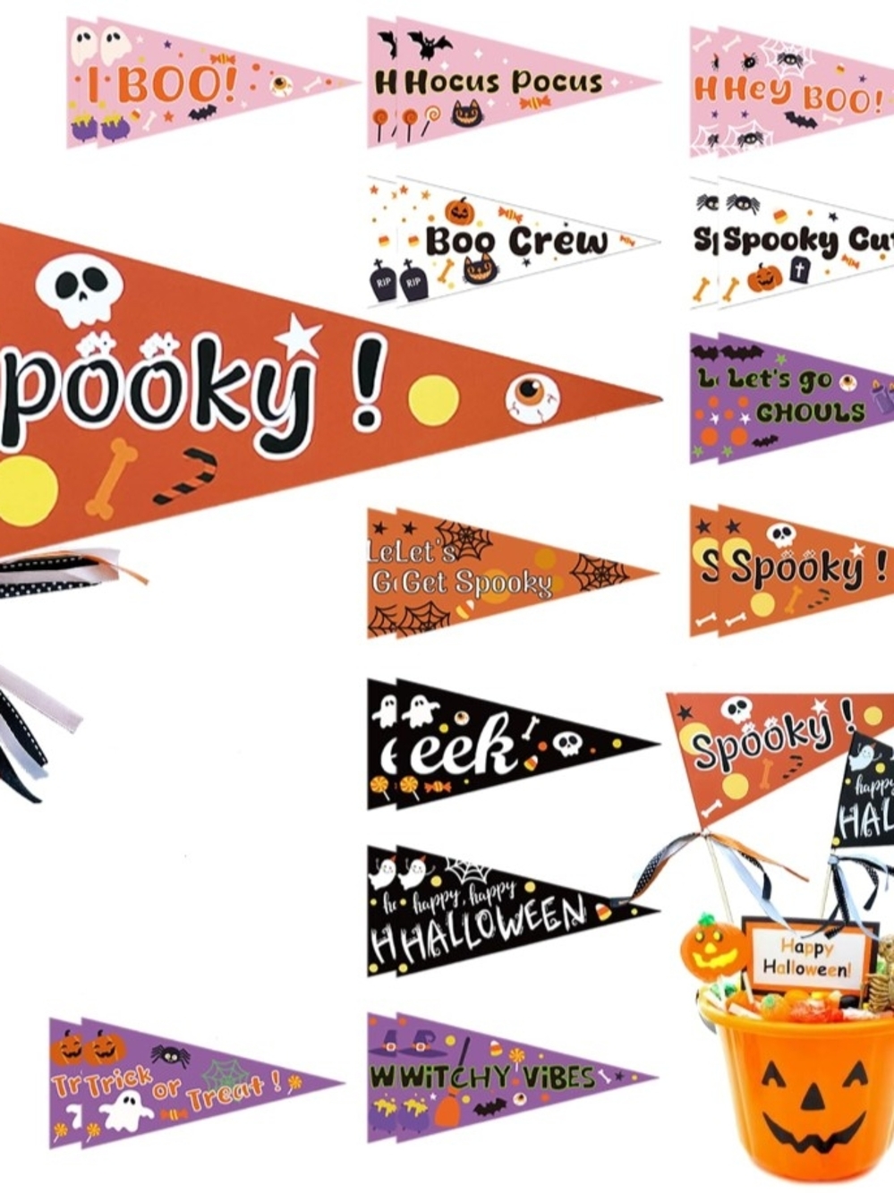 Set DIY Halloween Stick Flags 6.2" x 12.4" Paper Pennant Flags with Ribbons Incl
